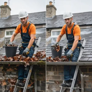 Clearing leaves from house gutters