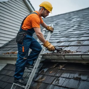 Cleaning gutter system on house roof