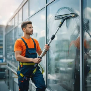 Cleaning second floor windows with ladder