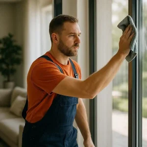 Cleaning exterior house windows with tools